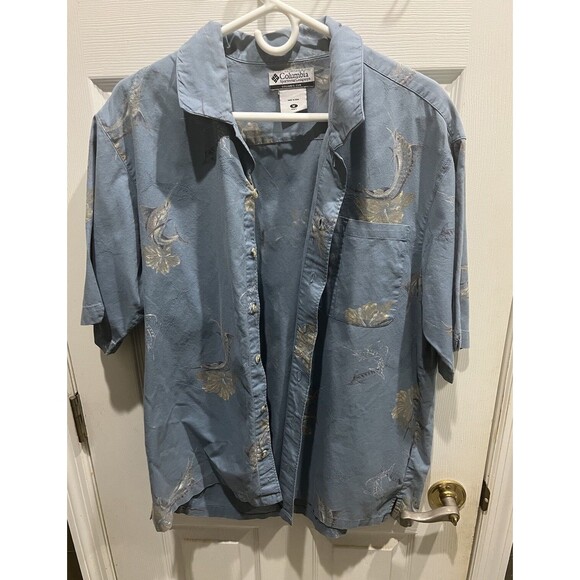 Columbia Shirt Mens M Blue Short Sleeve Button Up Marlins Fish - Picture 2 of 5